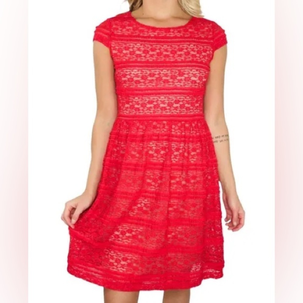 Enfocus Studio Red Fit and Flare Lace Midi Dress